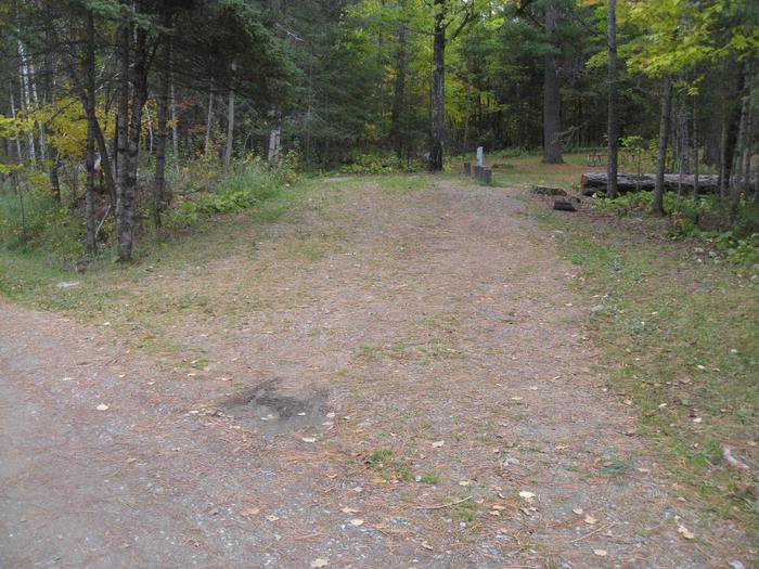 Campsite with table, fire ring, and tent pad.  Parking spur for site 28.