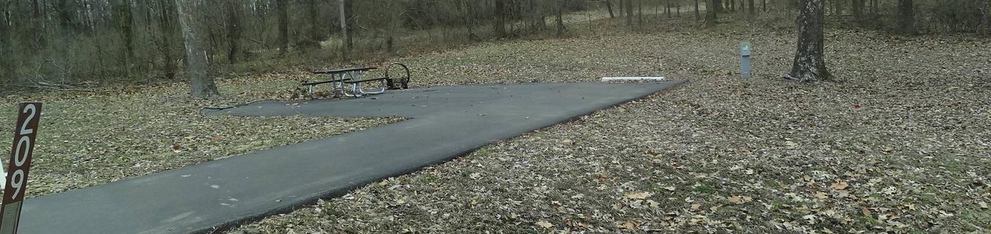 picnic table and fire pit to the left of camp pad, electric to the right of pad.