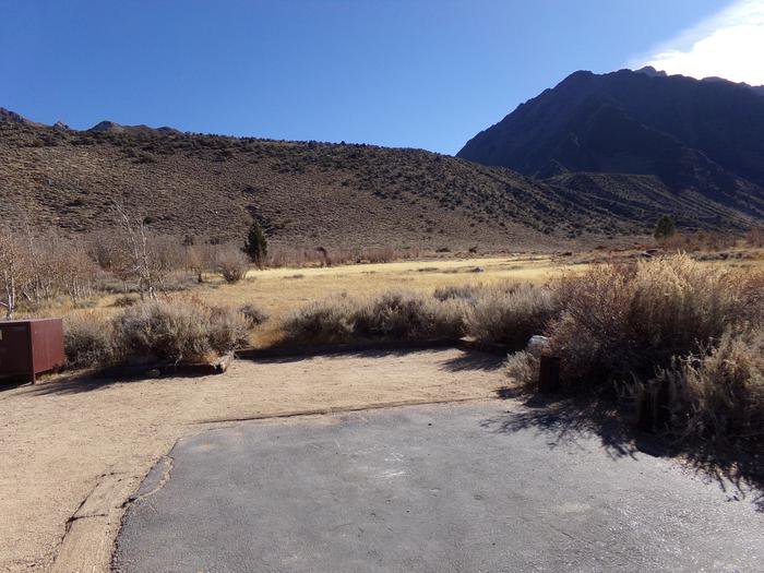 Camping space view from parking at site #75, Convict Lake Campground. 