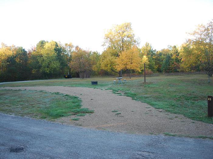 Bay Furnace Campground site #49; heavily treed site with picnic table and fire pit. 